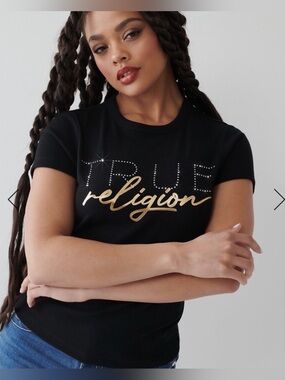 True Religion Crystal Bling Rhinestone Embellished Foil Logo Black Womens Size S